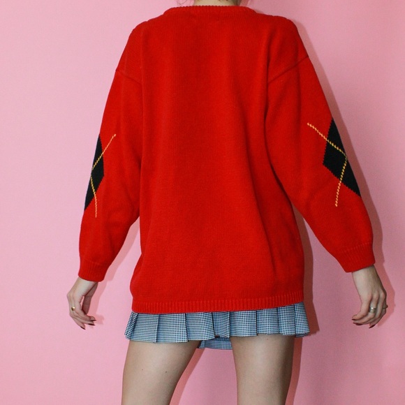 VTG 80s/90s Jantzen Red/Black Argyle Chunky Knit Crewneck Fisherman Sweater - Picture 4 of 12